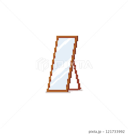Pixel art square mirror with wooden frame. Minimalistic mirror design in retro pixelated style. 121733992