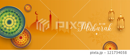 eid mubarak islamic banner with lantern and mosque 121734038