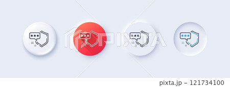 Shield line icon. Neumorphic, Red gradient, 3d pin buttons. Privacy secure sign. Safe defense symbol. Line icons. Neumorphic buttons with outline signs. Vector 121734100