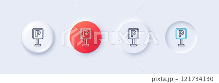 Parking line icon. Neumorphic, Red gradient, 3d pin buttons. Car park sign. Transport place symbol. Line icons. Neumorphic buttons with outline signs. Vector Parking line icon. Neumorphic, Red gradient, 3d pin buttons. Car park sign. Transport place symbol. Line icons. Neumorphic buttons with outline signs. Vector 121734130