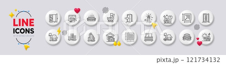 Packing things, Sports stadium and Buildings line icons. White buttons 3d icons. Pack of Armchair, Arena stadium, Entrance icon. Building energy, Square area, Lighthouse pictogram. Vector Packing things, Sports stadium and Buildings line icons. White buttons 3d icons. Pack of Armchair, Arena stadium, Entrance icon. Building energy, Square area, Lighthouse pictogram. Vector 121734132