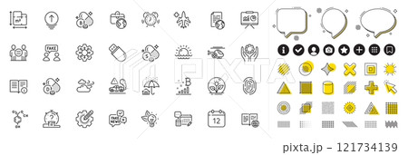 Set of Execute, Floor plan and Annual calendar line icons for web app. Design elements, Social media icons. Incubator, Chemical formula, Presentation icons. Vector 121734139