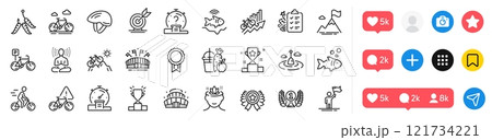 Winner ribbon, Arena stadium and Maggots line icons pack. Social media icons. Laureate award, Diet menu, Yoga web icon. Yoga mind, Target goal, Quiz pictogram. Vector Winner ribbon, Arena stadium and Maggots line icons pack. Social media icons. Laureate award, Diet menu, Yoga web icon. Yoga mind, Target goal, Quiz pictogram. Vector 121734221