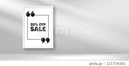 Photo frame banner. Sale 20 percent off discount. Promotion price offer sign. Retail badge symbol. Sale picture frame message. 3d comma quotation. Vector 121734261
