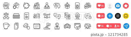 Recycle, Umbrella and Pay line icons pack. Social media icons. Video conference, Dots message, Tea cup web icon. Bid offer, Winner flag, Augmented reality pictogram. Vector 121734285