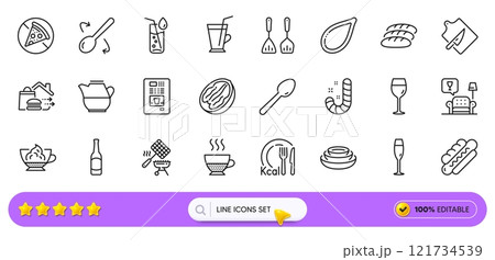 Lounge, Calories and Prohibit food line icons for web app. Pack of Candy, Pumpkin seed, Wine glass pictogram icons. Food delivery, Dishes, Pecan nut signs. Doppio, Coffee vending, Coffee cup. Vector 121734539