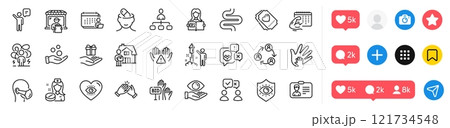 Depression treatment, Agent and Medical mask line icons pack. Social media icons. Delivery market, Cyber attack, Nurse web icon. Difficult stress, Management, Woman read pictogram. Clean hands. Vector 121734548