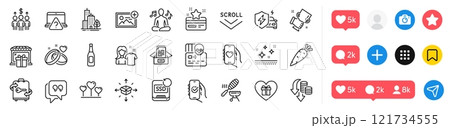 Fish grill, Yoga music and Loyalty card line icons pack. Social media icons. Skyscraper buildings, Dating app, Winner cup web icon. Scroll down, Marriage rings, Add photo pictogram. Vector Fish grill, Yoga music and Loyalty card line icons pack. Social media icons. Skyscraper buildings, Dating app, Winner cup web icon. Scroll down, Marriage rings, Add photo pictogram. Vector 121734555