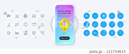 Phone mockup with 3d map pin icon. Enterprise, Video content and Consumption growth line icons. Pack of Update data, Confirmed, Stats icon. Vector 121734615
