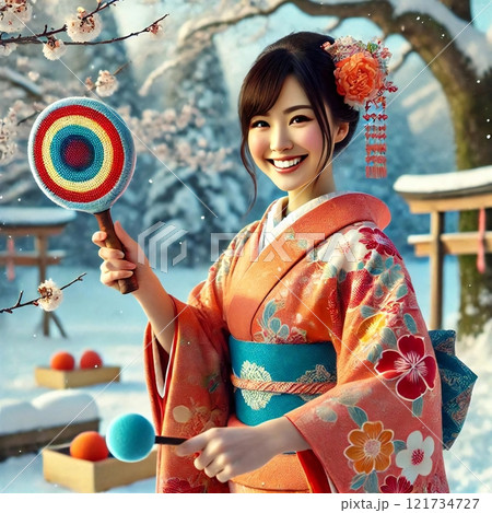 鮮やかな振袖を着た日本女性が、新年の遊びを楽しんでいる様子を生成で描きました 121734727