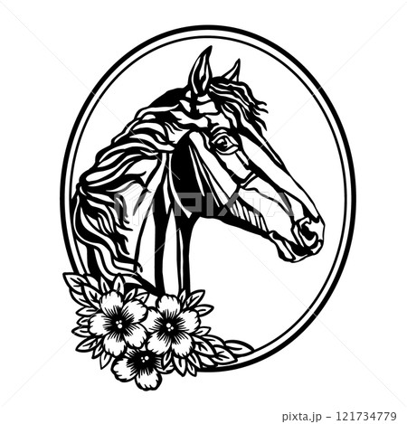 Horse head with long mane and flowers vector illustration 121734779