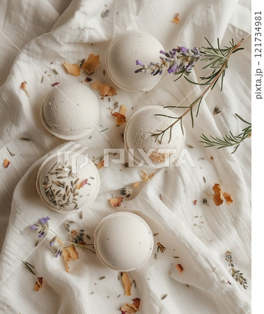 Floral Bath Bombs with Lavender and Dried Petals on Soft Fabric 121734981