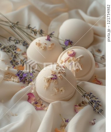Floral Bath Bombs with Lavender and Dried Petals on Soft Fabric 121734982