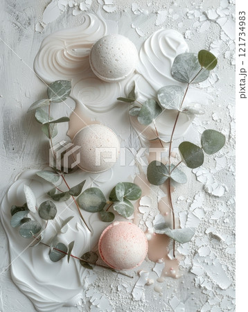 Bath Bombs with Eucalyptus Leaves on Water Surface with Foam 121734983