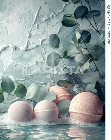 Bath Bombs with Eucalyptus Leaves on Water Surface with Foam 121734985