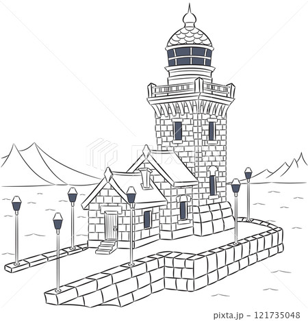 Stone lighthouse on a pier with lanterns against the sea 121735048