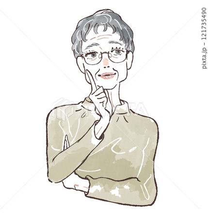 短髪ヘアのシニア女性ほっぺに指をあてて考える 121735490