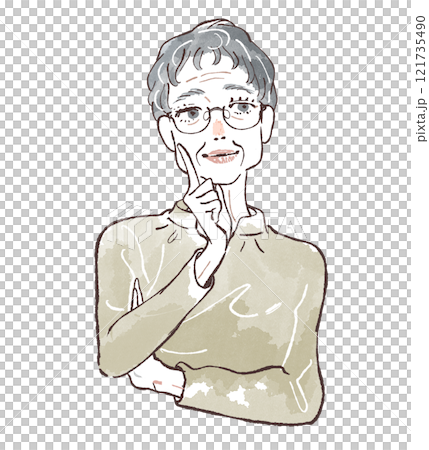 短髪ヘアのシニア女性ほっぺに指をあてて考える 121735490