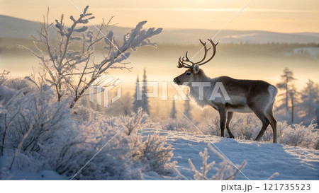 Majestic winter landscape featuring a deer under warm sunrise light in a snow-covered forest. Majestic winter landscape featuring a deer under warm sunrise light in a snow-covered forest. 121735523