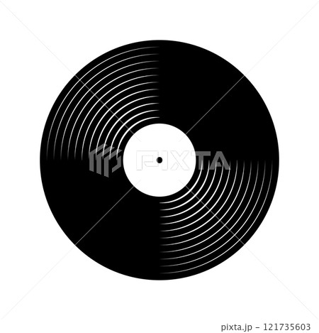 Black vinyl record icon. Long play music plate for gramophone isolated on white background. DJ techno party equipment. 70s 80s 90s discotheque nostalgia concept. Vector graphic illustration 121735603