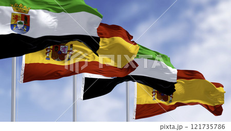 Close-up of the Extremadura flag waving with spanish and European union flags Close-up of the Extremadura flag waving with spanish and European union flags 121735786