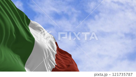 Close-up of the national flag of Italy waving in the wind on a clear day 121735787