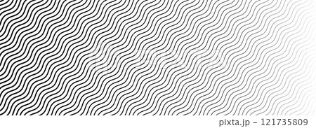 Black wavy texture gradient. Wave line pattern wallpaper. Fading curved linear halftone gradation. Thin to thick zigzag stripe background for overlay, print, cover, graphic design. Vector Black wavy texture gradient. Wave line pattern wallpaper. Fading curved linear halftone gradation. Thin to thick zigzag stripe background for overlay, print, cover, graphic design. Vector 121735809