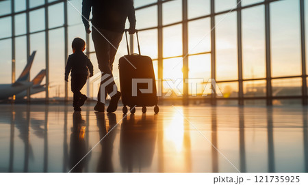 明るい空港ターミナルを歩く優雅な旅行者、家族の海外旅行のイメージ 121735925