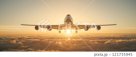 色とりどりの日の出空を飛ぶ民間航空機のシルエット	 色とりどりの日の出空を飛ぶ民間航空機のシルエット	 121735945