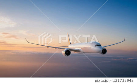 色とりどりの日の出空を飛ぶ民間航空機のシルエット	 121735948