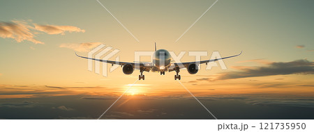 色とりどりの日の出空を飛ぶ民間航空機のシルエット 色とりどりの日の出空を飛ぶ民間航空機のシルエット 121735950