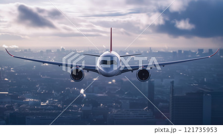 色とりどりの日の出空を飛ぶ民間航空機のシルエット 色とりどりの日の出空を飛ぶ民間航空機のシルエット 121735953