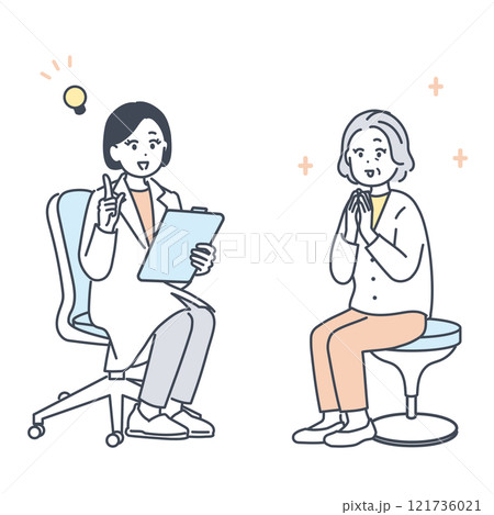 医師に相談し、安心するシニア女性のイラスト素材 121736021