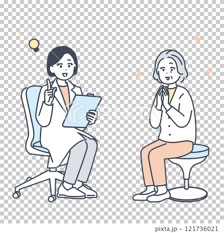 Illustration material of a senior woman who consults a doctor and feels relieved 121736021