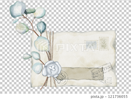 Watercolor illustration of folded paper envelope with eucalyptus branch, stamp and wax seal. Suitable for wedding invitations, greeting cards, rustic decor, elegant design for nature-themed marketing. Watercolor illustration of folded paper envelope with eucalyptus branch, stamp and wax seal. Suitable for wedding invitations, greeting cards, rustic decor, elegant design for nature-themed marketing. 121736055