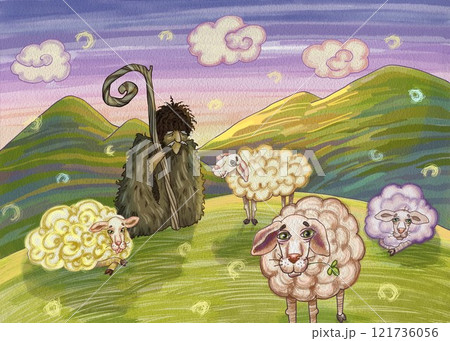 Watercolor illustration of old shepherd and four funny sheep, standing on hills. Can be used for children's books illustrations, farm or rural-themed designs, stickers, greeting cards, app and website Watercolor illustration of old shepherd and four funny sheep, standing on hills. Can be used for children's books illustrations, farm or rural-themed designs, stickers, greeting cards, app and website 121736056