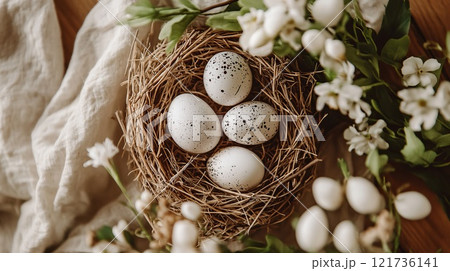 Speckled eggs rest in straw nests, adorned with spring flowers and greenery on a light wooden surface, evoking a cozy, natural atmosphere 121736141