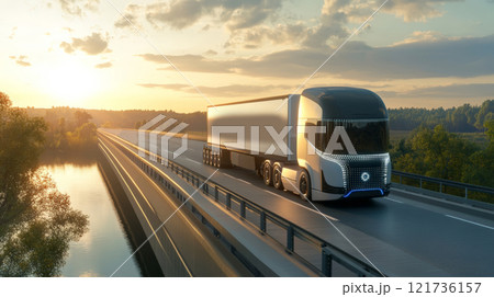 An autonomous truck equipped with artificial intelligence travels over a bridge during sunset, showcasing the future of cargo delivery An autonomous truck equipped with artificial intelligence travels over a bridge during sunset, showcasing the future of cargo delivery 121736157