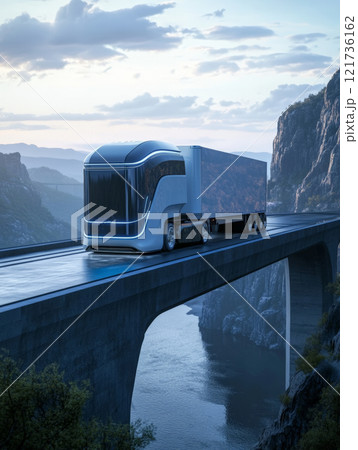 An autonomous truck equipped with artificial intelligence drives across a bridge, delivering cargo while surrounded by mountains at dusk 121736162