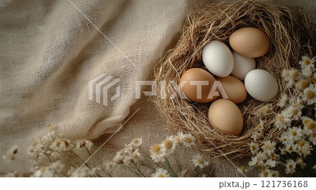 Natural brown and white eggs rest in rustic nests made of hay, surrounded by dried wildflowers on a soft burlap backdrop 121736168