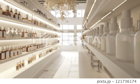 A spacious fragrance store showcases numerous glass bottles and jars on white shelves, highlighted by soft lighting, creating a sophisticated shopping experience A spacious fragrance store showcases numerous glass bottles and jars on white shelves, highlighted by soft lighting, creating a sophisticated shopping experience 121736174