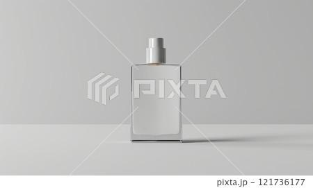 A sleek, transparent perfume bottle stands upright on a light surface, featuring a minimalist design that highlights its elegance in soft, diffused lighting 121736177