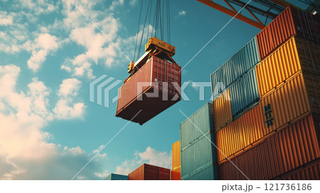 Cargo containers are lifted by a crane at the port, facilitating the loading process for a cargo ship in vibrant weather 121736186