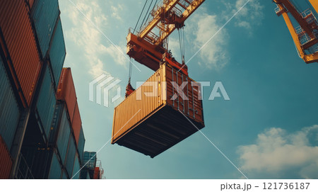 A crane lifts heavy cargo containers against a blue sky, facilitating import and export activities at a bustling port 121736187