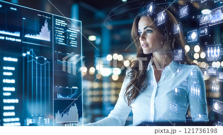 最先端のホログラフィック技術を使ってデータ視覚化と対話する女性 最先端のホログラフィック技術を使ってデータ視覚化と対話する女性 121736198