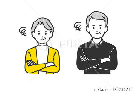 腕を組んで悩むポーズをするシニア男女･老夫婦のセット【人物ベクターイラスト素材】 121736210