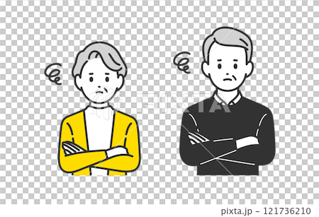 腕を組んで悩むポーズをするシニア男女･老夫婦のセット【人物ベクターイラスト素材】 121736210