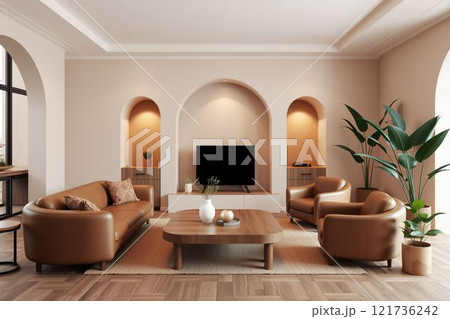 曲線的なレザーソファーとアースカラーが特徴のミニマリストなリビングルーム 曲線的なレザーソファーとアースカラーが特徴のミニマリストなリビングルーム 121736242