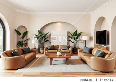 曲線的なレザーソファーとアースカラーが特徴のミニマリストなリビングルーム 曲線的なレザーソファーとアースカラーが特徴のミニマリストなリビングルーム 121736243