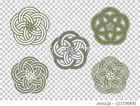 水引の梅結びと梅の花のマーク・アイコンセット（緑／カーキ）伝統的な和風イラスト素材 121736691